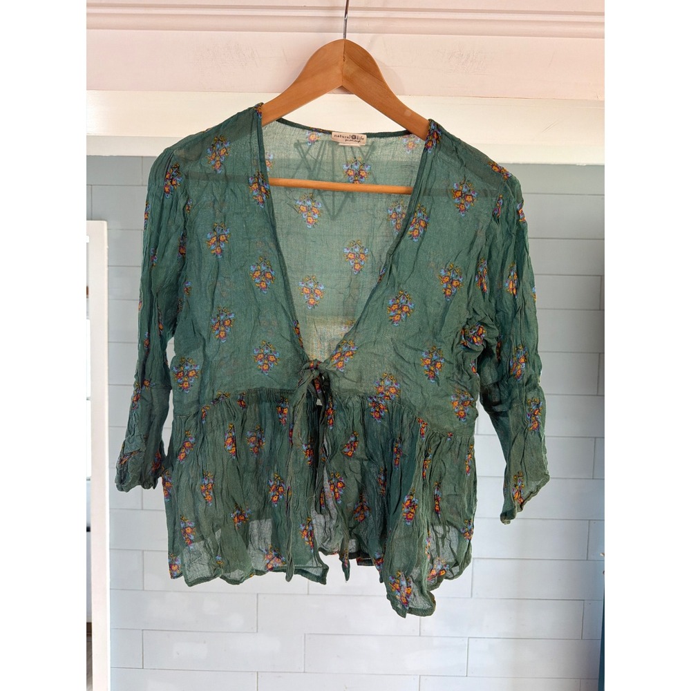 Natural Life Green Floral Tie Front Peplum Top Boho Gauze Blouse XS/S